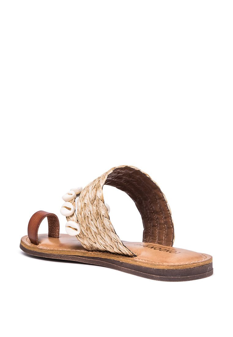 fusun braided slipon flat sandals with sea shell details#color_cognac-natural