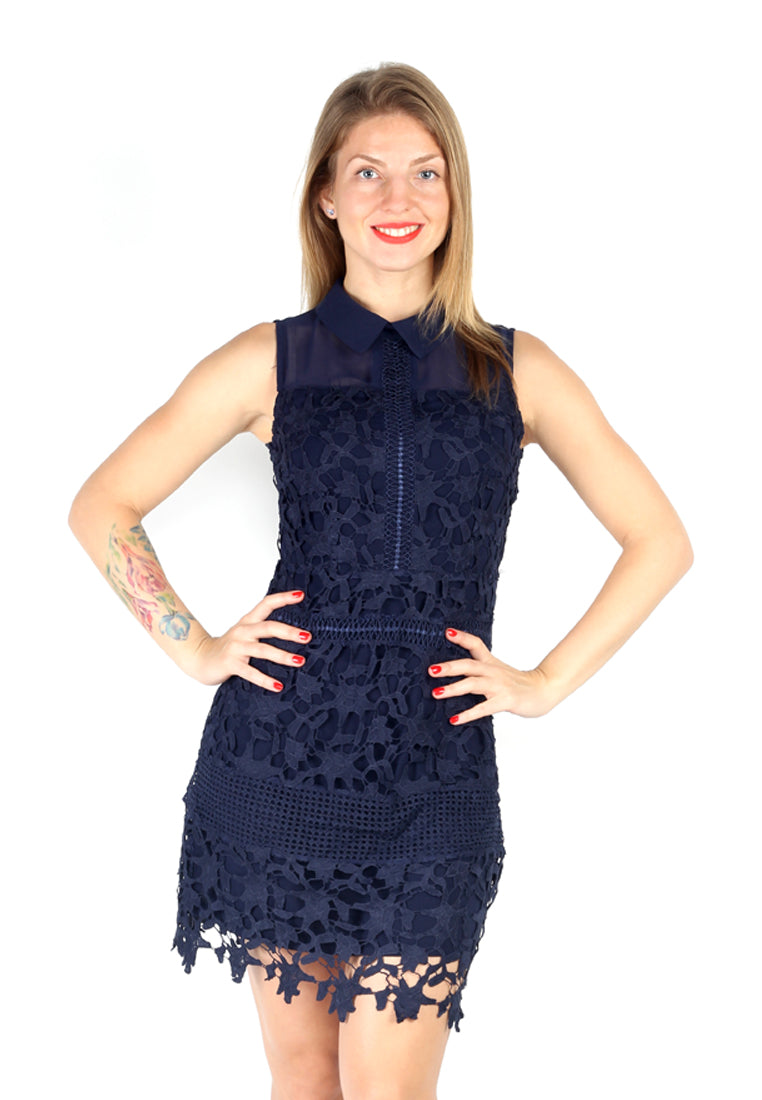 casual lace short dress#color_navy-blue