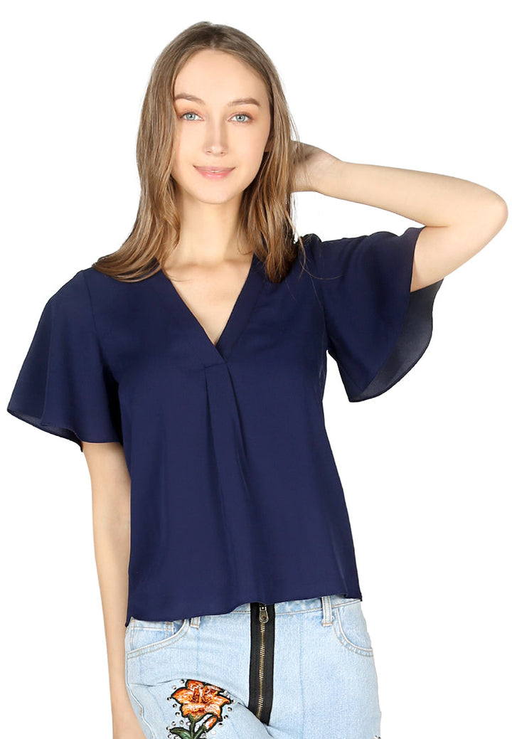 short bell sleeve v neck casual top#color_navy