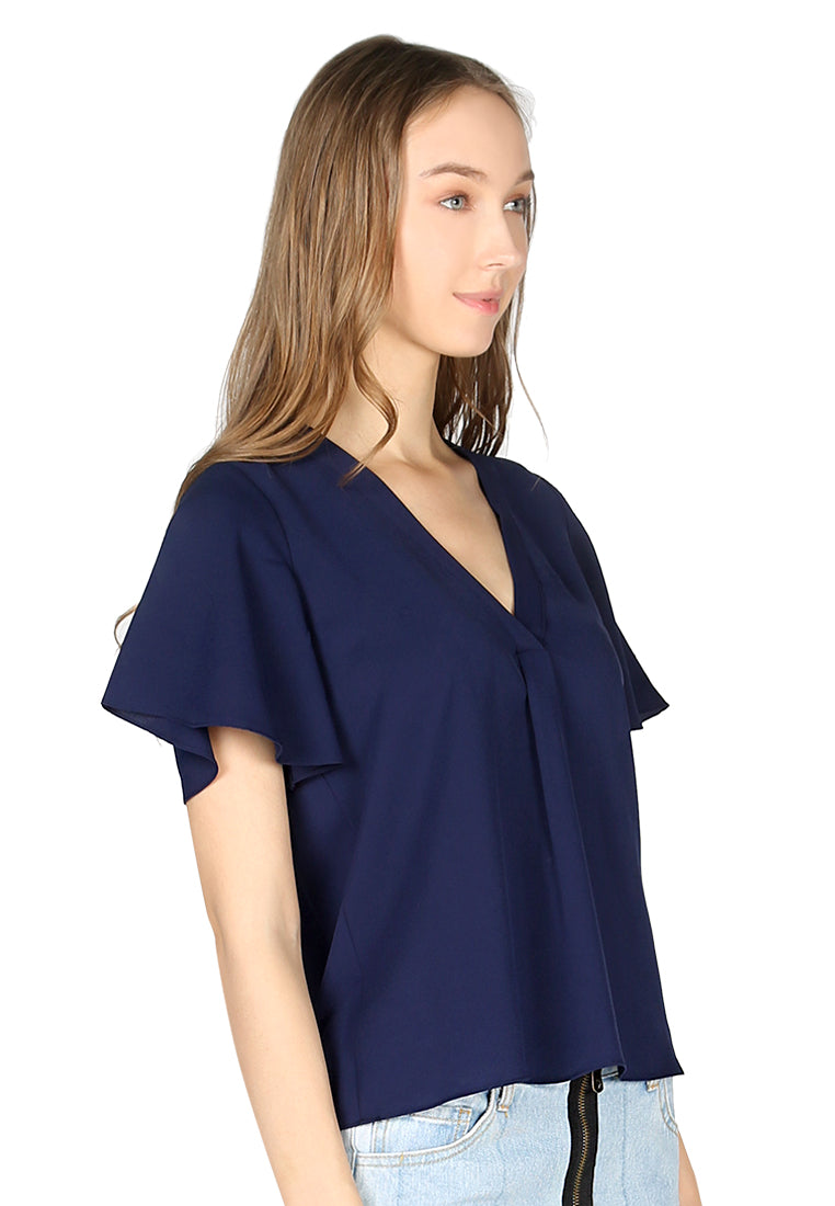 short bell sleeve v neck casual top#color_navy