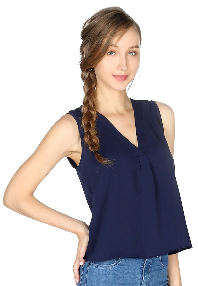sleeveless v neck casual top#color_navy
