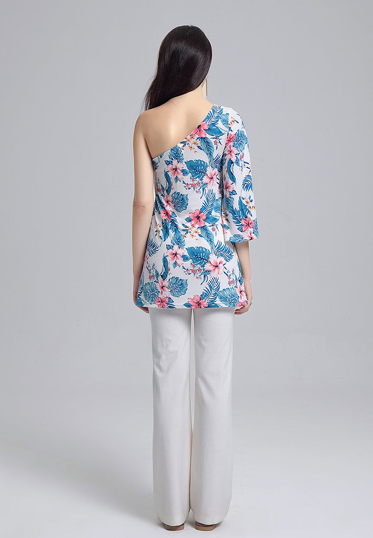 one shoulder tunic top#color_blue-leaf-print