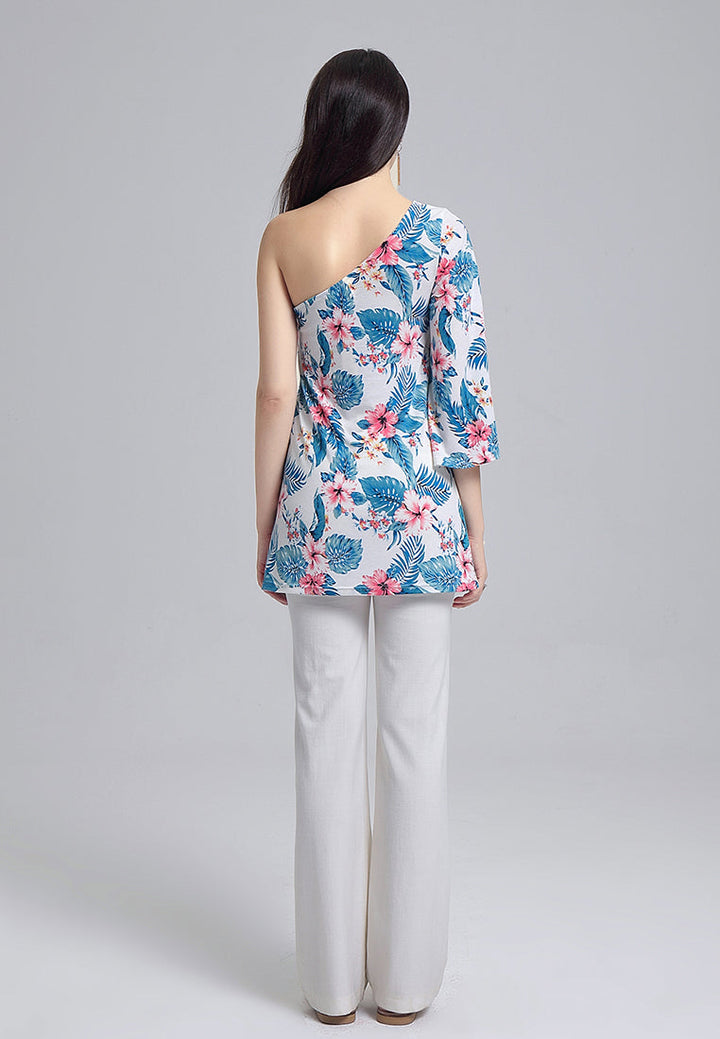 one shoulder tunic top#color_blue-leaf-print