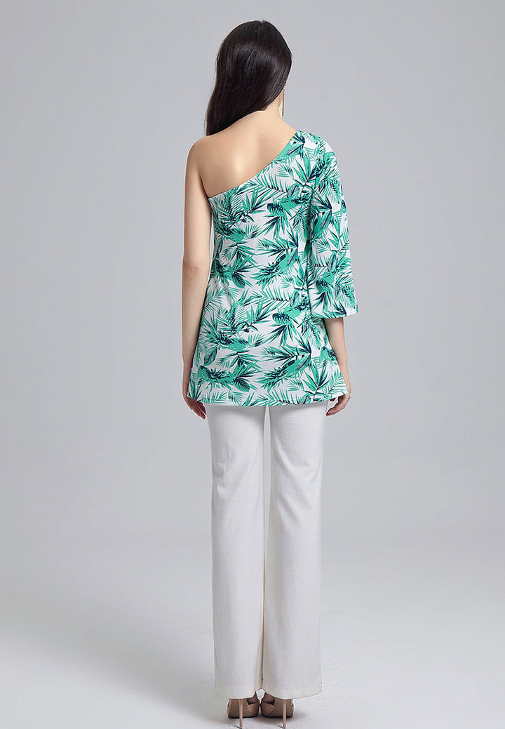 one shoulder tunic top#color_green-leaf-print