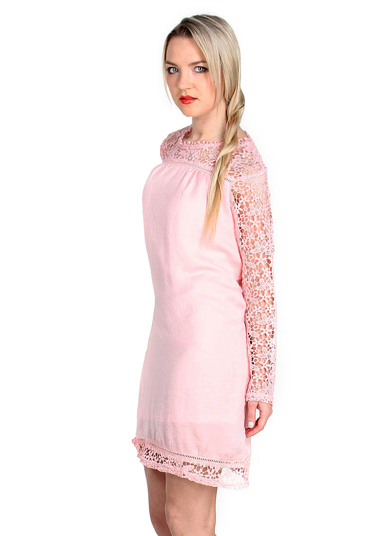 full sleeve casual loose lace mini dress#color_pink