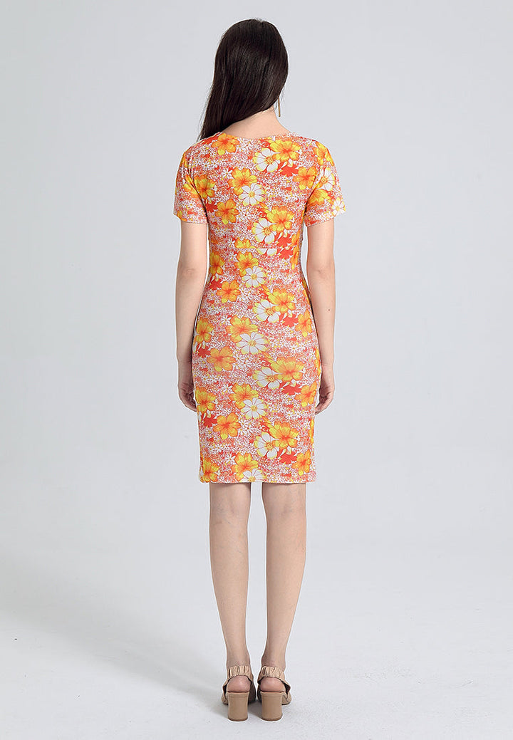 v-neck floral bodycon dress#color_orange-print