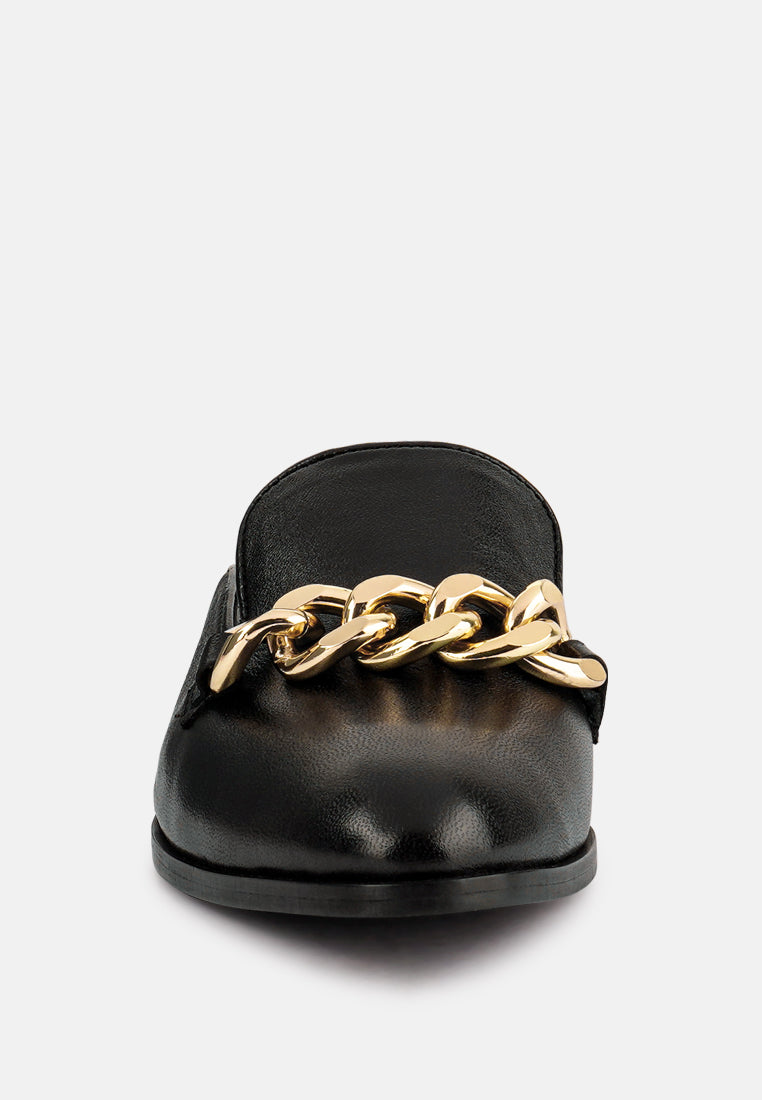 aksa chain embellished metallic leather mules#color_black