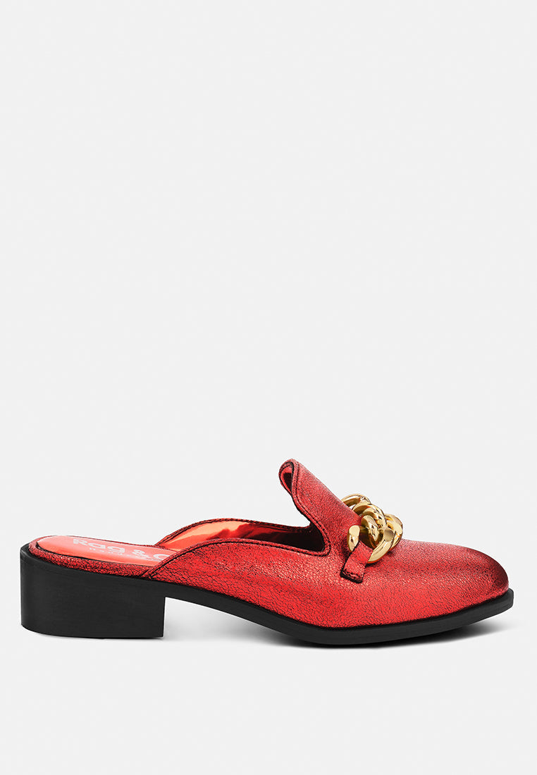 aksa chain embellished metallic leather mules#color_red