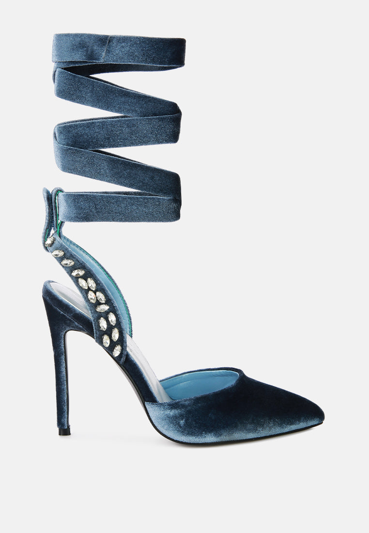wallis blue velvet diamante stud tie up sandals by ruw#color_blue