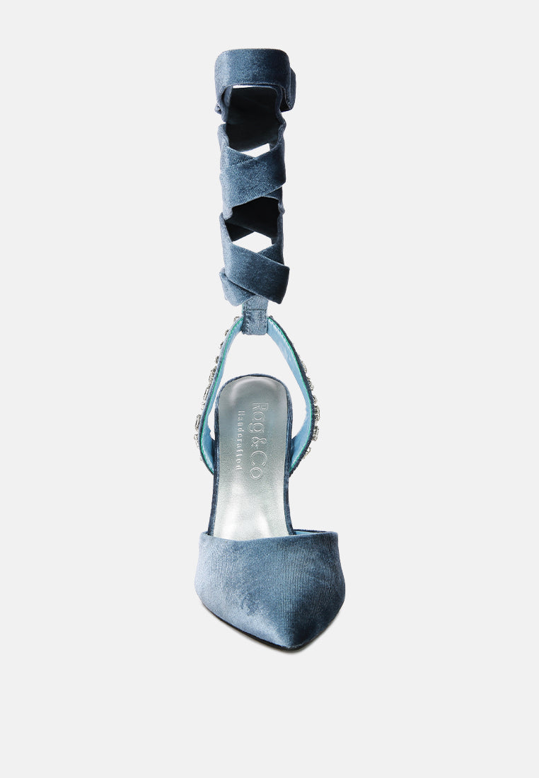 wallis blue velvet diamante stud tie up sandals by ruw#color_blue