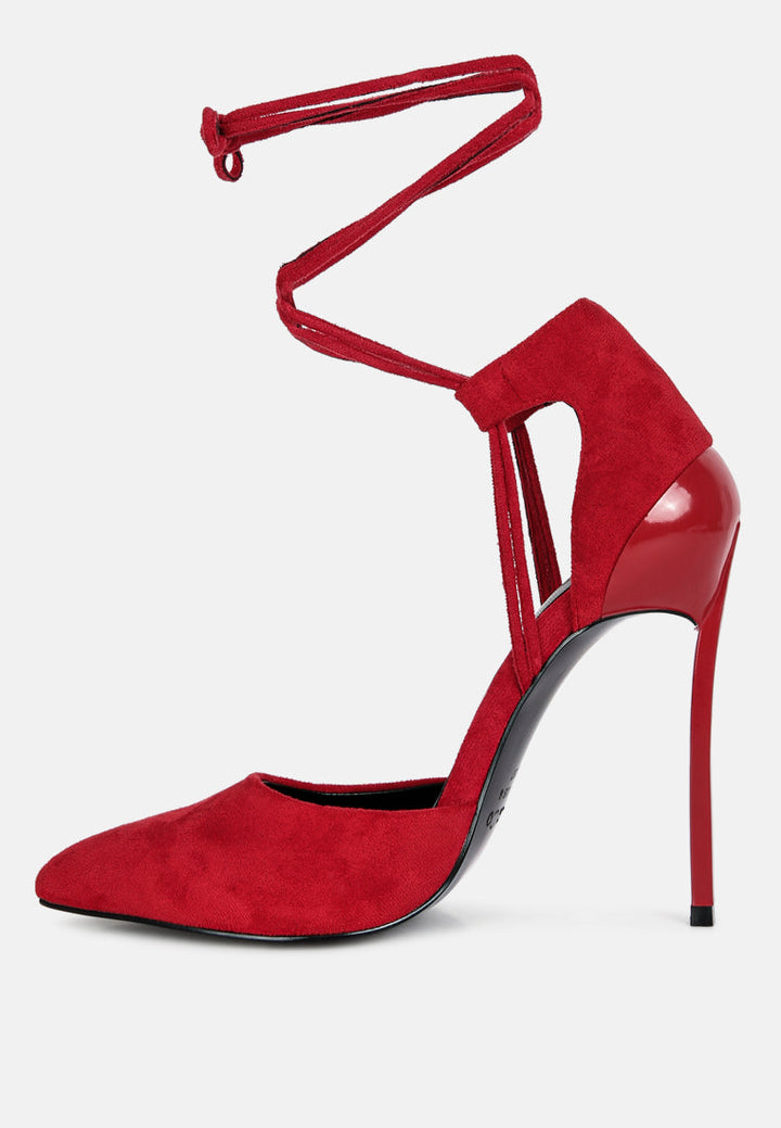 rule breaker lace up stiletto heel suede sandals by ruw#color_red