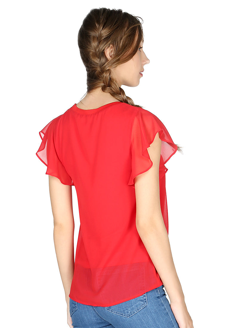short flutter sleeve casual top#color_red
