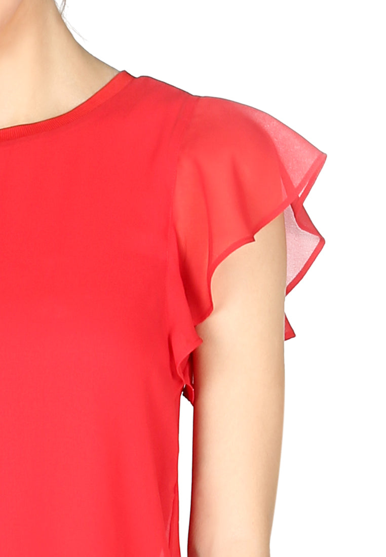 short flutter sleeve casual top#color_red