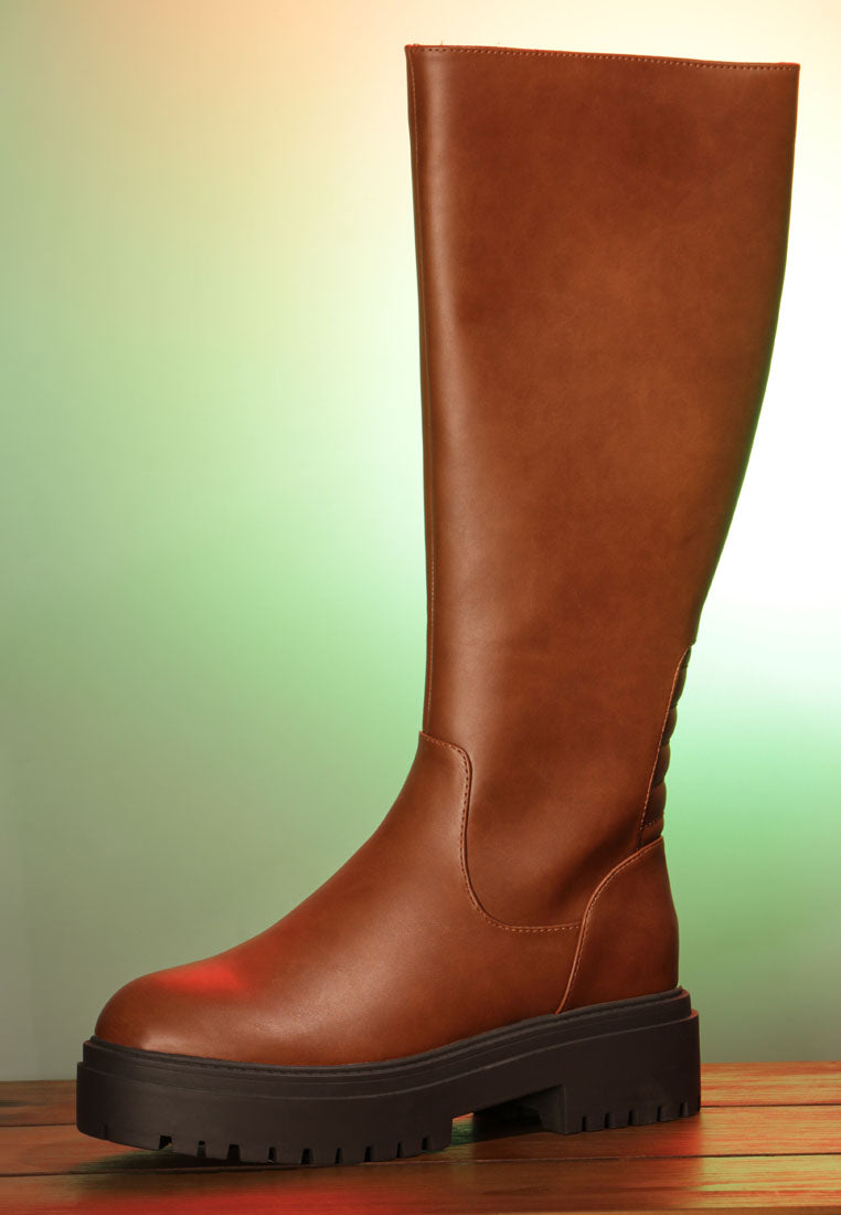 axle round toe platform knee high boots#color_tan