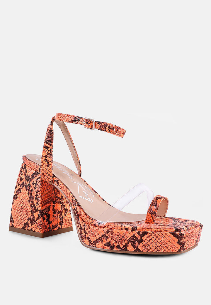 such flirt snake print triangular block heel sandals by ruw#color_orange