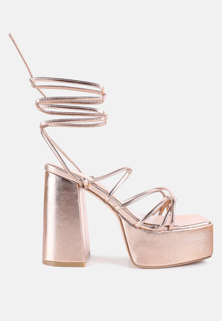anvil metallic block heeled lace up sandals by ruw#color_rose-gold