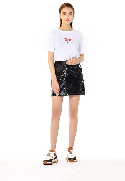 shiny faux leather mini skirt#color_black