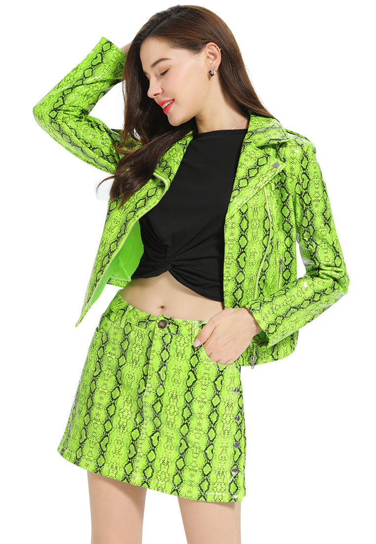 Slithering Bright Mini Skirt#color_green-snake-print