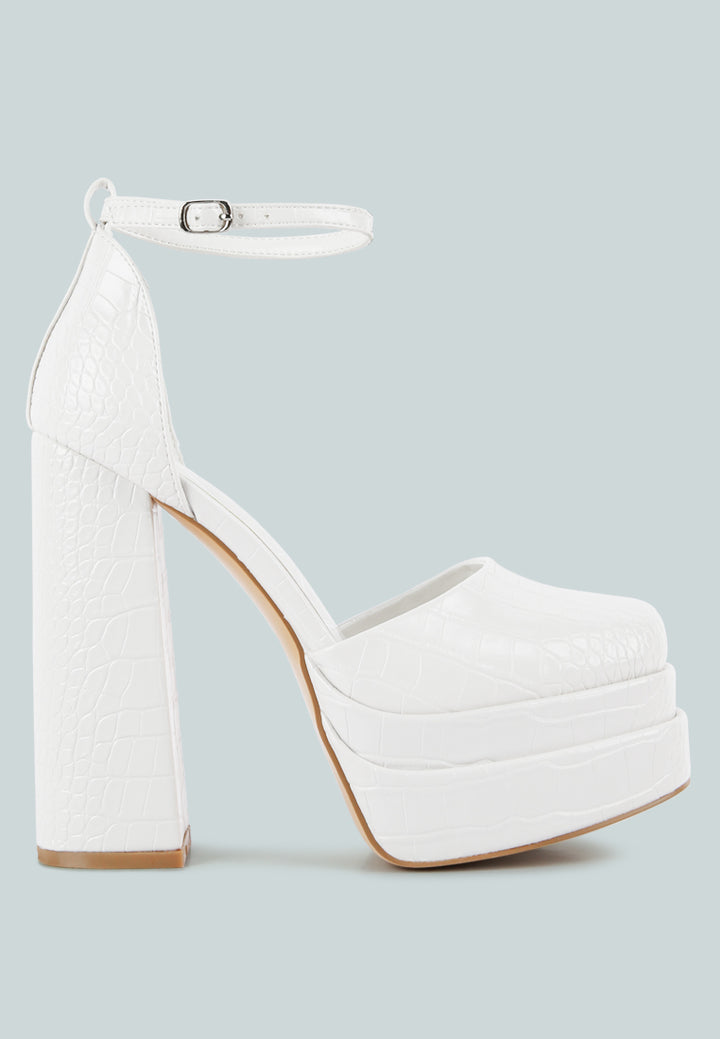 tempt me croc textured high heeled block sandals#color_white