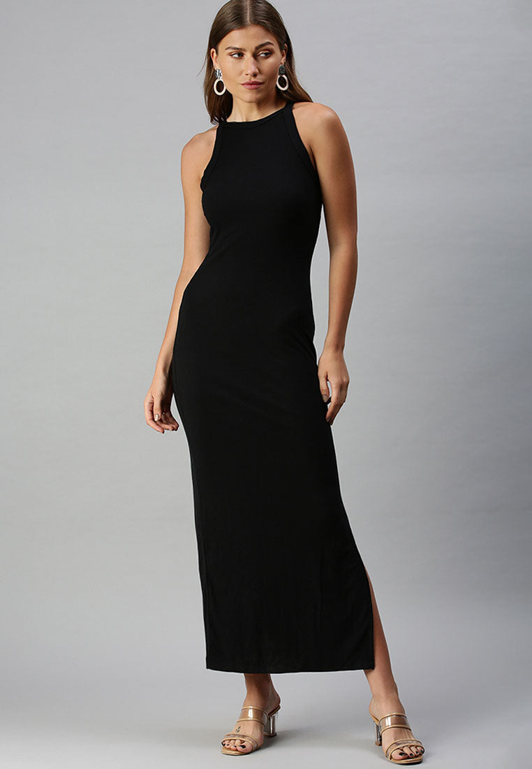 bodycon side slit maxi dress#color_black