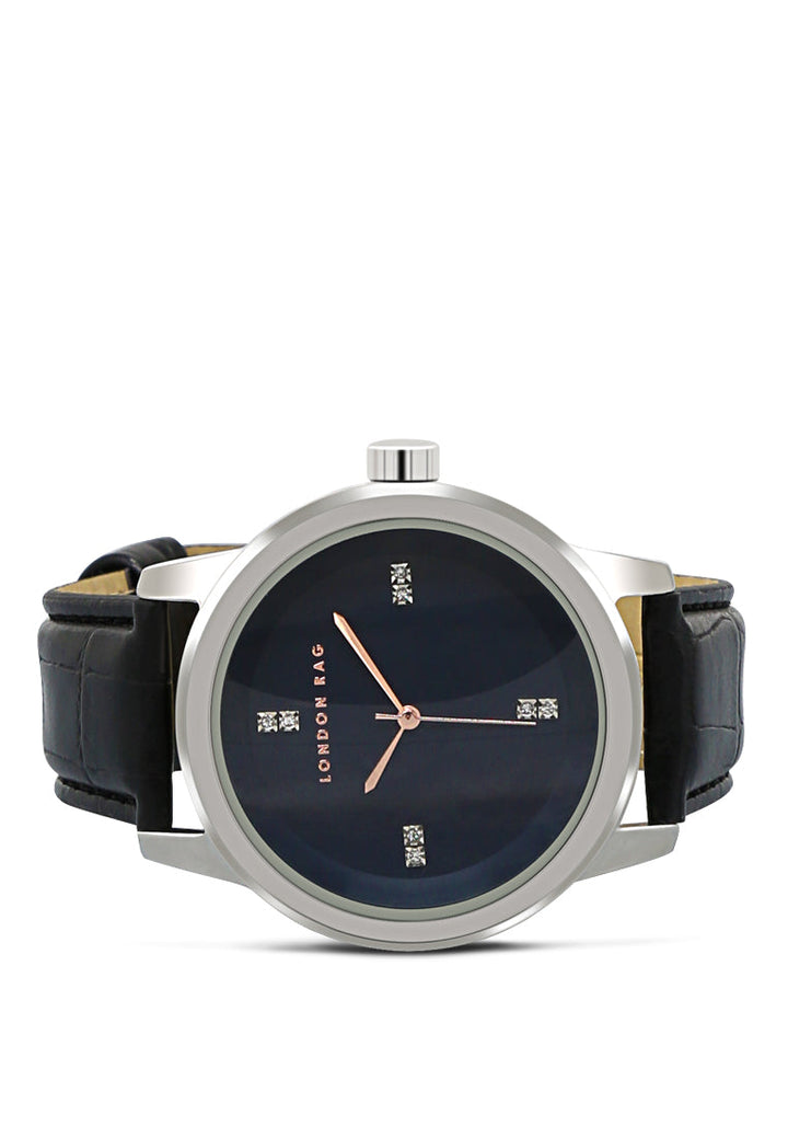 unisex black casual watch with croc pu leather strap#color_black