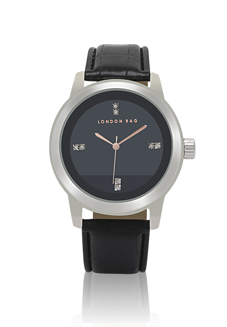 unisex black casual watch with croc pu leather strap#color_black