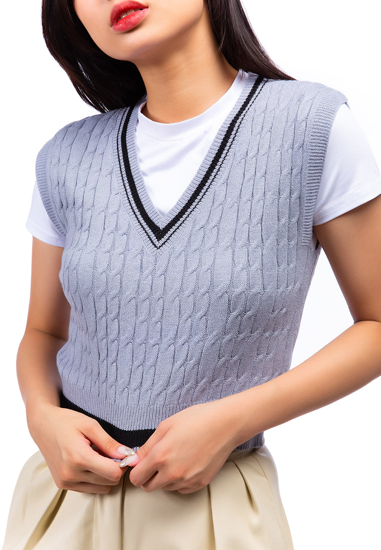 v-neck cable knit vest sweater#color_dusty-blue