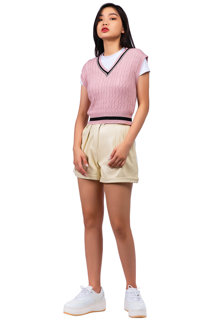 v-neck cable knit vest sweater#color_dusty-pink-black