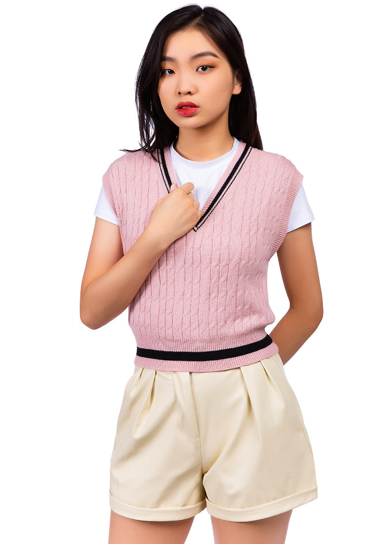 v-neck cable knit vest sweater#color_dusty-pink-black