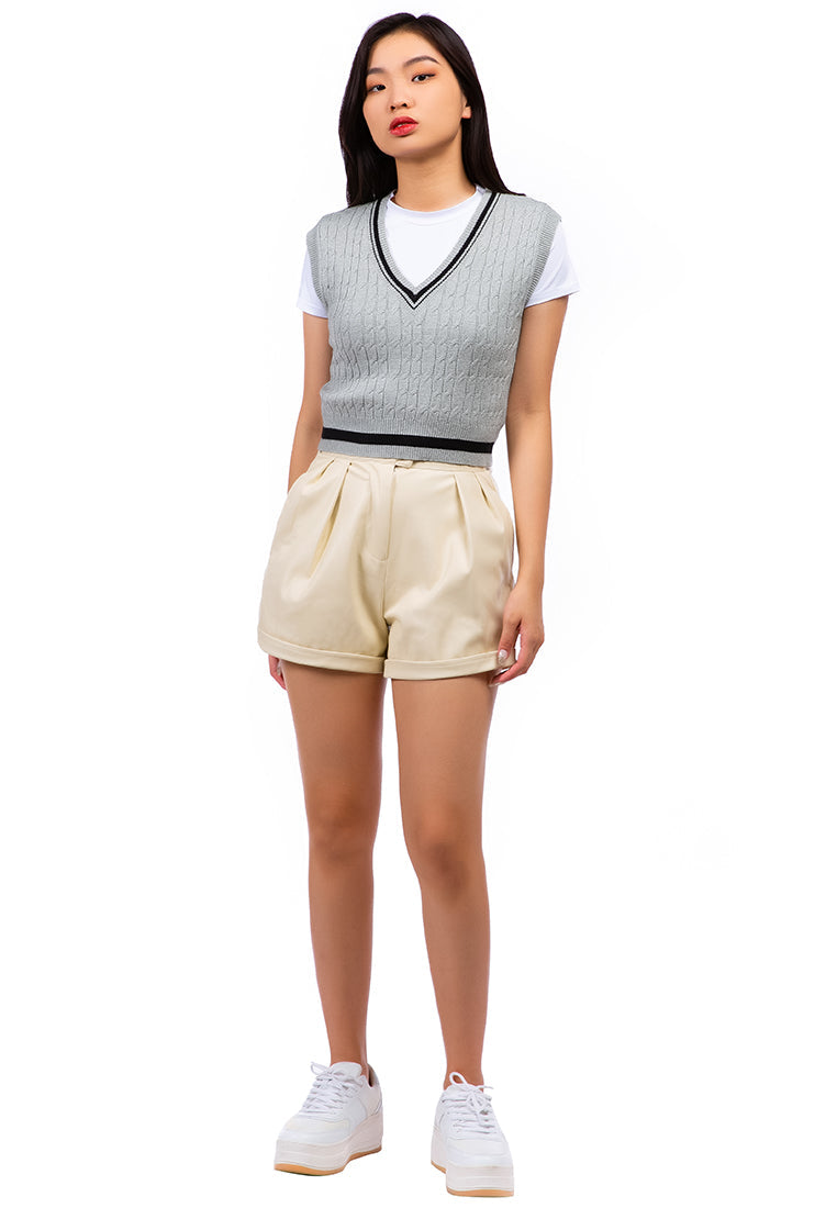 v-neck cable knit vest sweater#color_light-grey-black