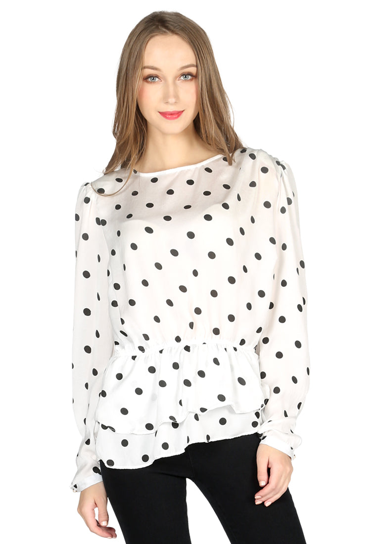full sleeve polka dot casual sheath top#color_white