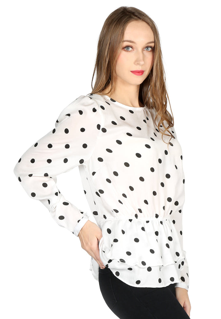 full sleeve polka dot casual sheath top#color_white
