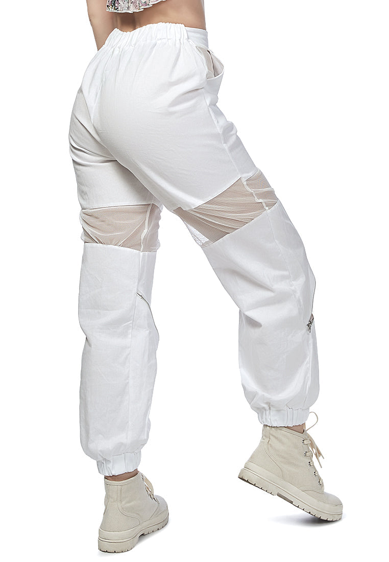 mesh zipped up track pants#color_white