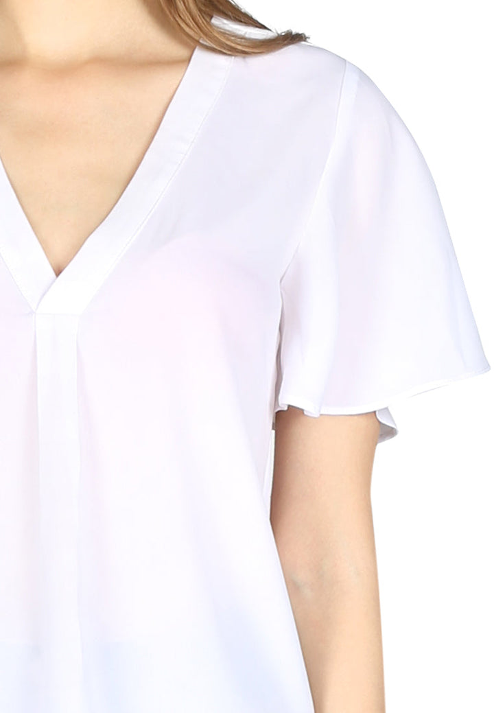 short bell sleeve v neck casual top#color_white