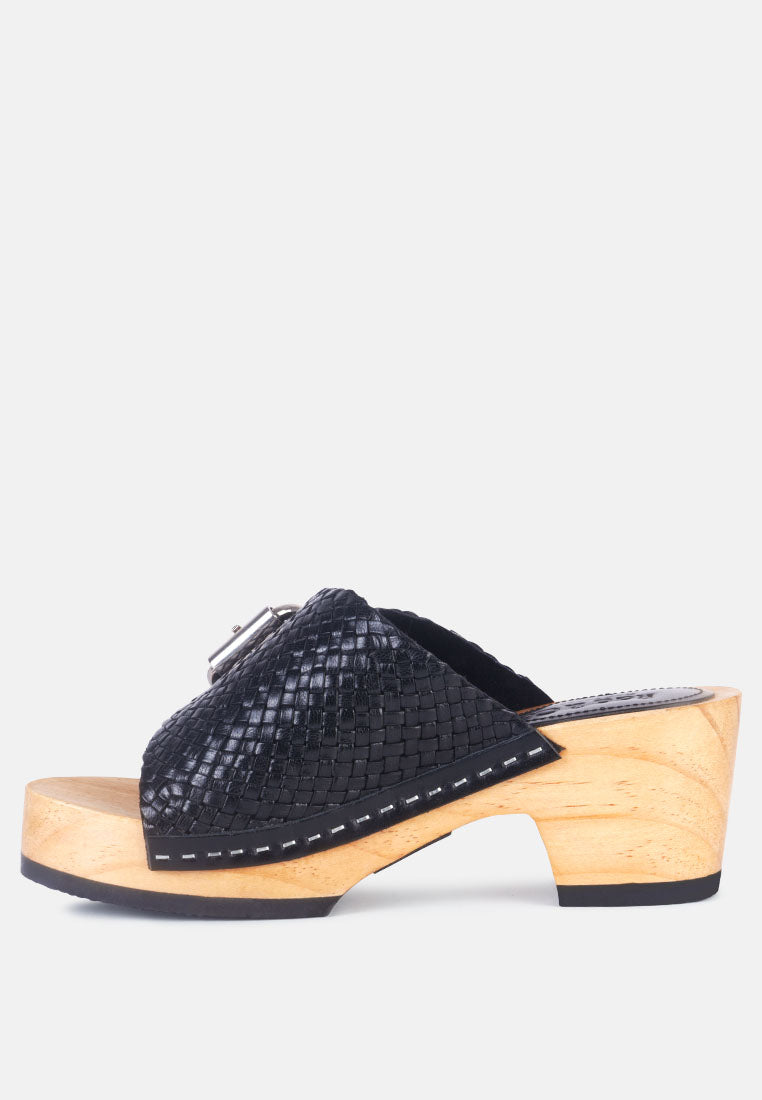 yoruba braided leather buckled slide clogs#color_black