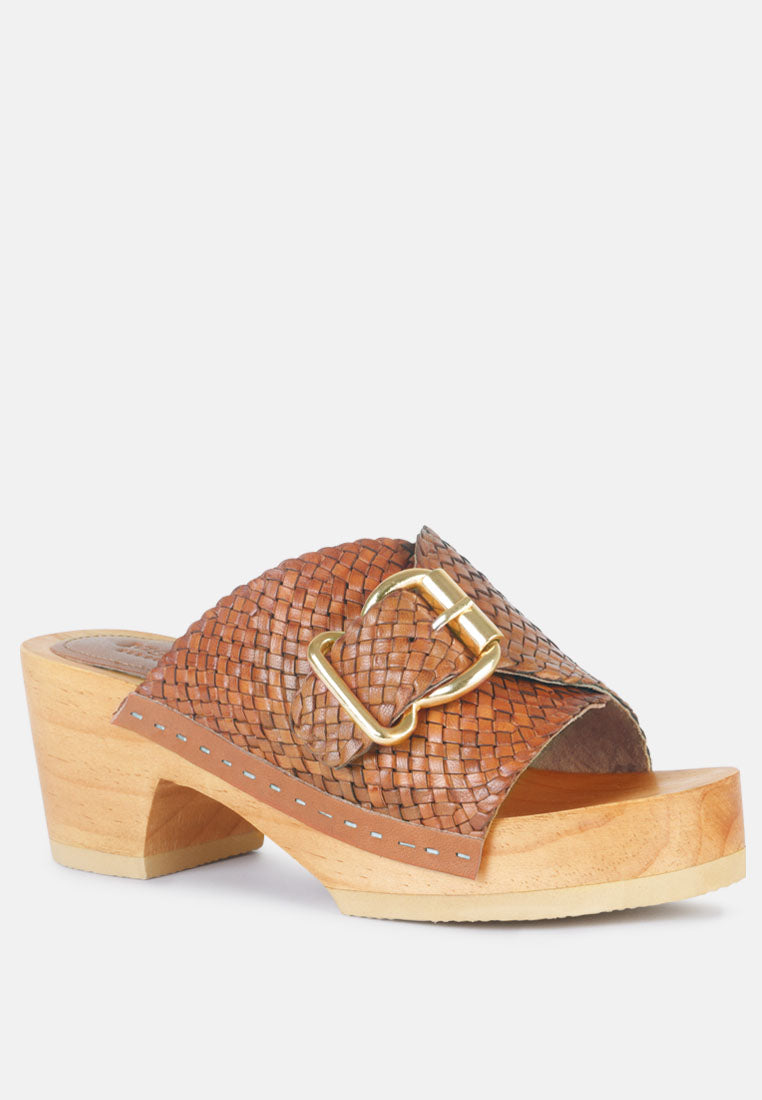 yoruba braided leather buckled slide clogs by ruw#color_tan
