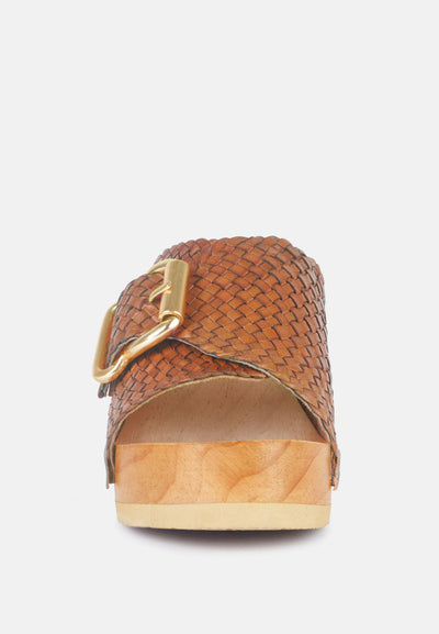 yoruba braided leather buckled slide clogs#color_tan