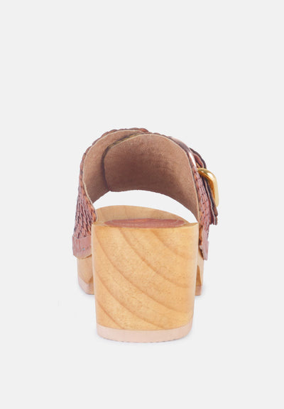 yoruba braided leather buckled slide clogs#color_tan