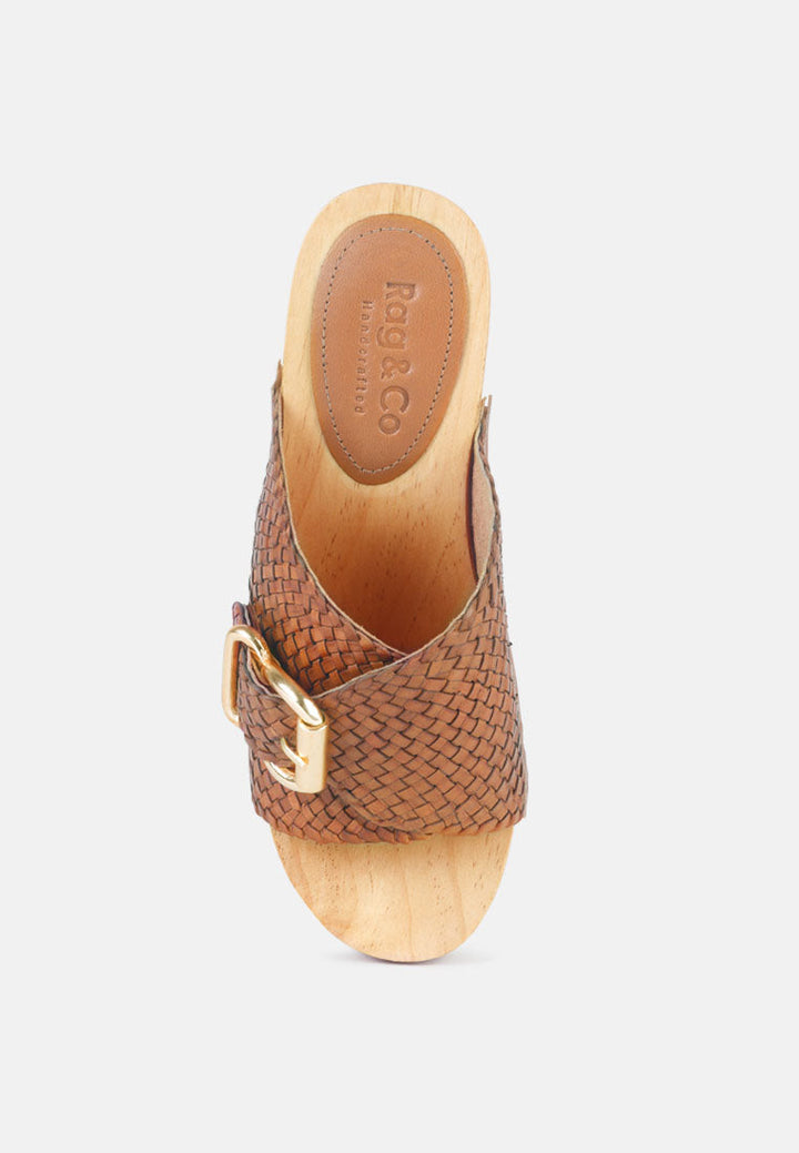 yoruba braided leather buckled slide clogs by ruw#color_tan