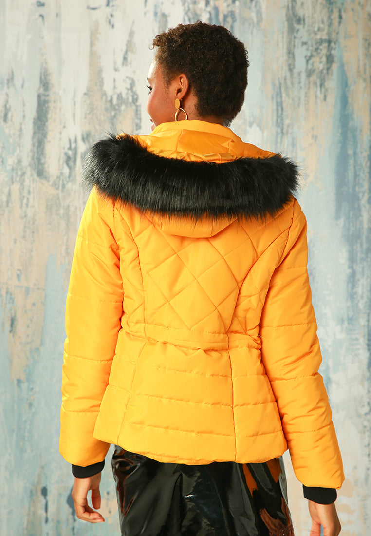 faux fur hooded puffer jacket#color_yellow