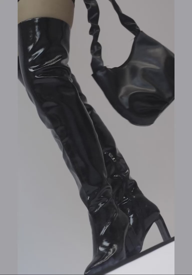 minkles patent pu statement block heel long boots#color_black