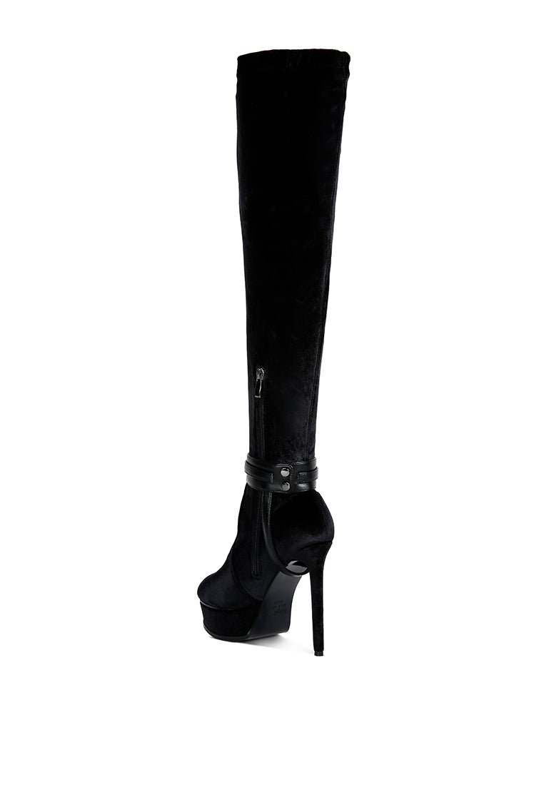 bison high heeled long velvet boots#color_black