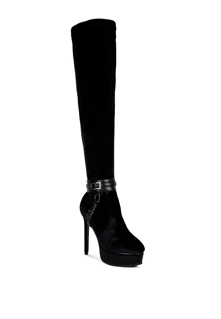 bison high heeled long velvet boots#color_black