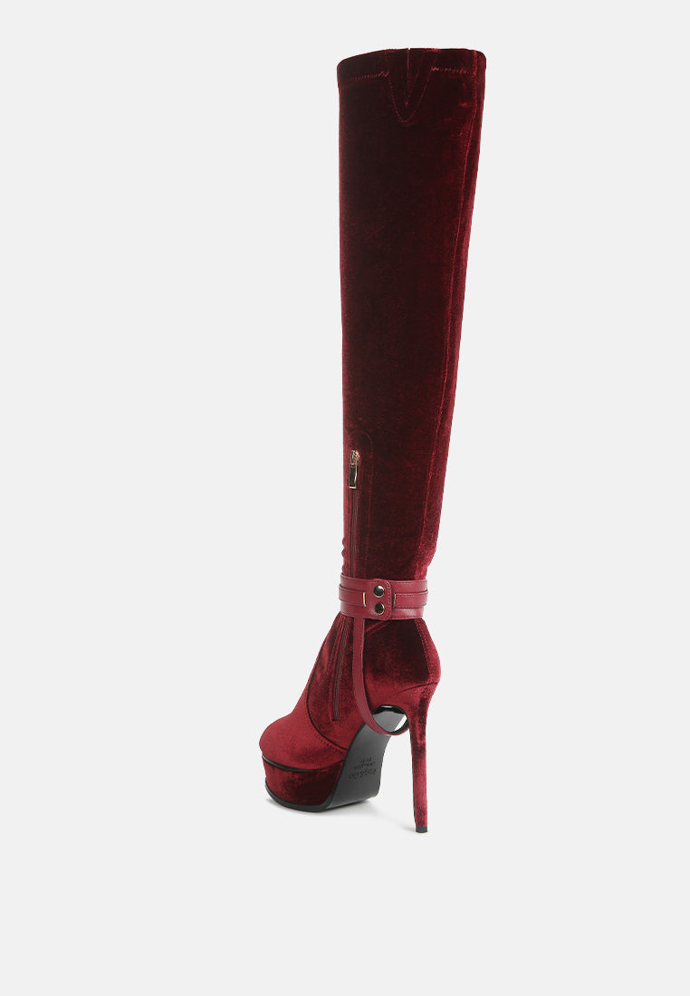 bison high heeled long velvet boots#color_burgundy