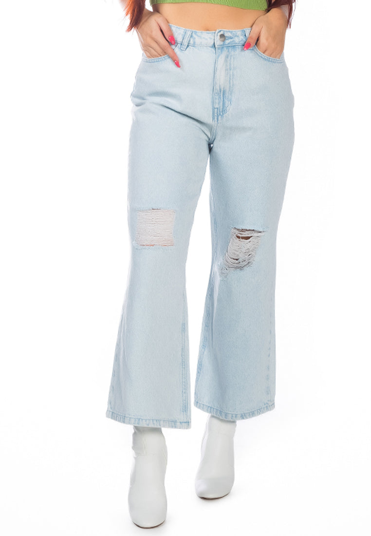boot cut ripped washed denim pants#color_light blue