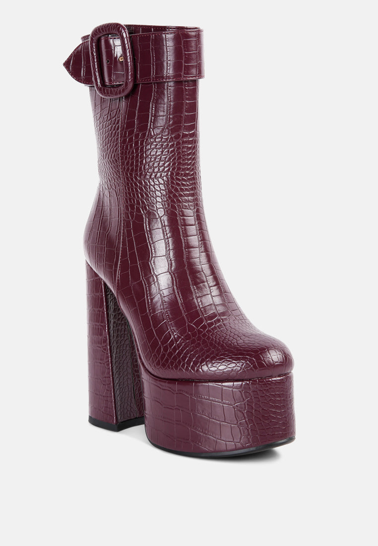 bumpy croc high block heeled chunky ankle boots by ruw#color_burgundy