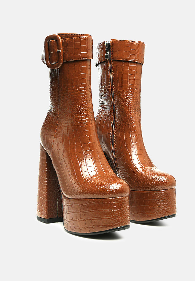 bumpy croc high block heeled chunky ankle boots by ruw#color_tan