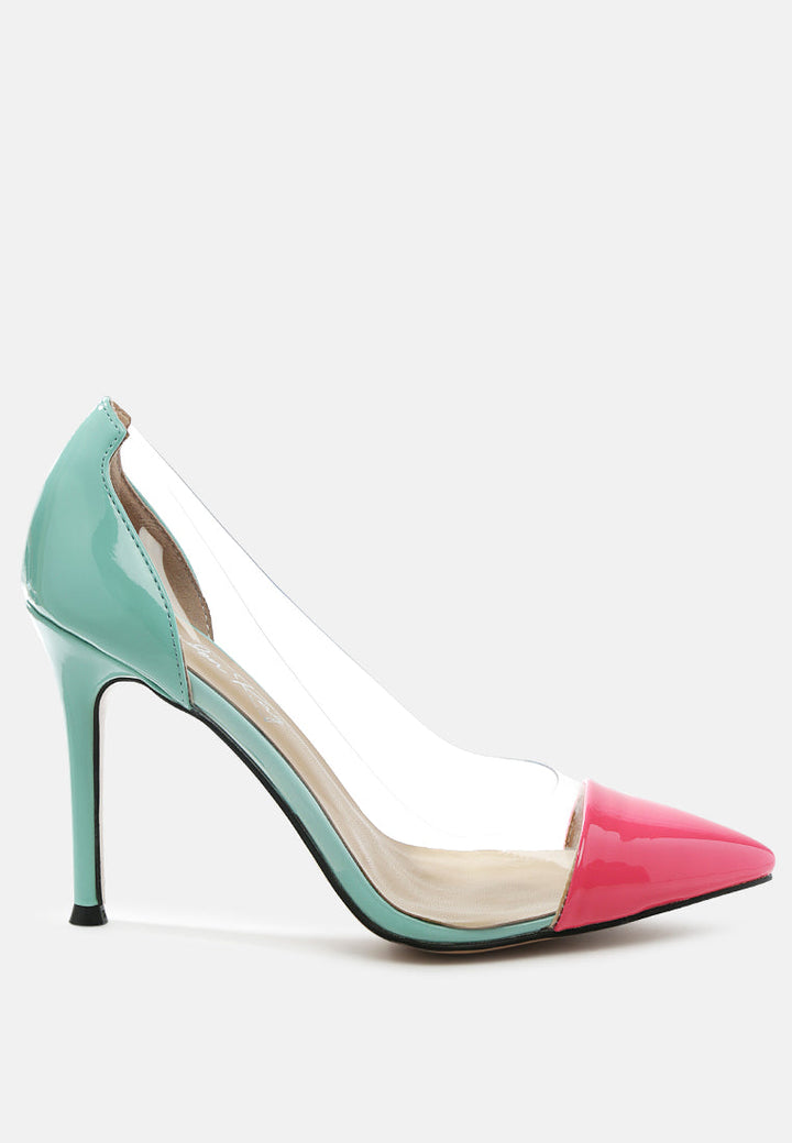 candace clear patent faux leather detail pumps by ruw#color_green-pink