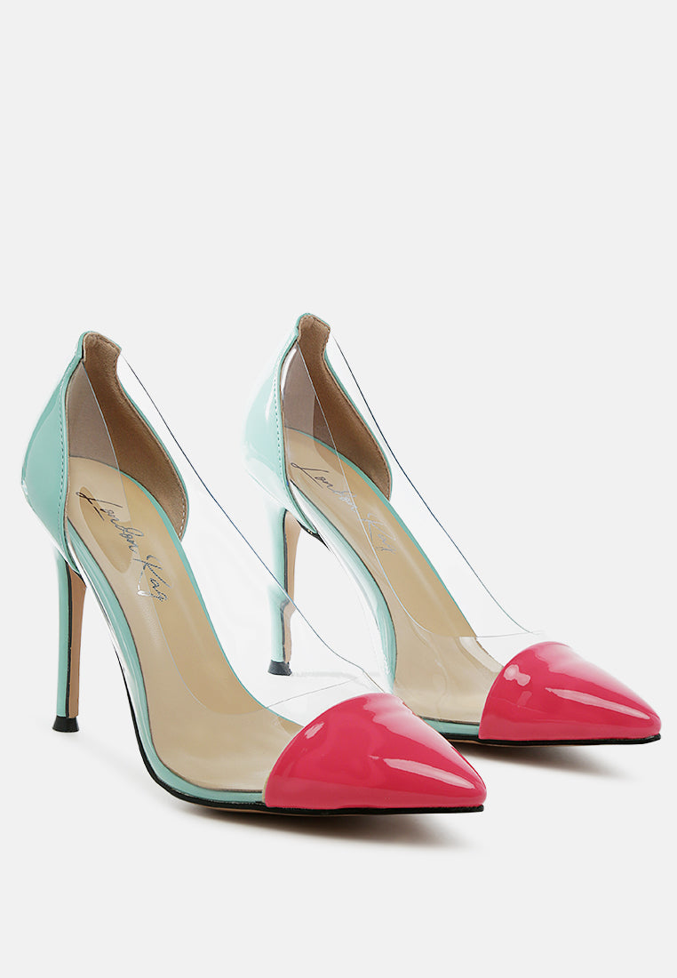 candace clear patent faux leather detail pumps by ruw#color_green-pink