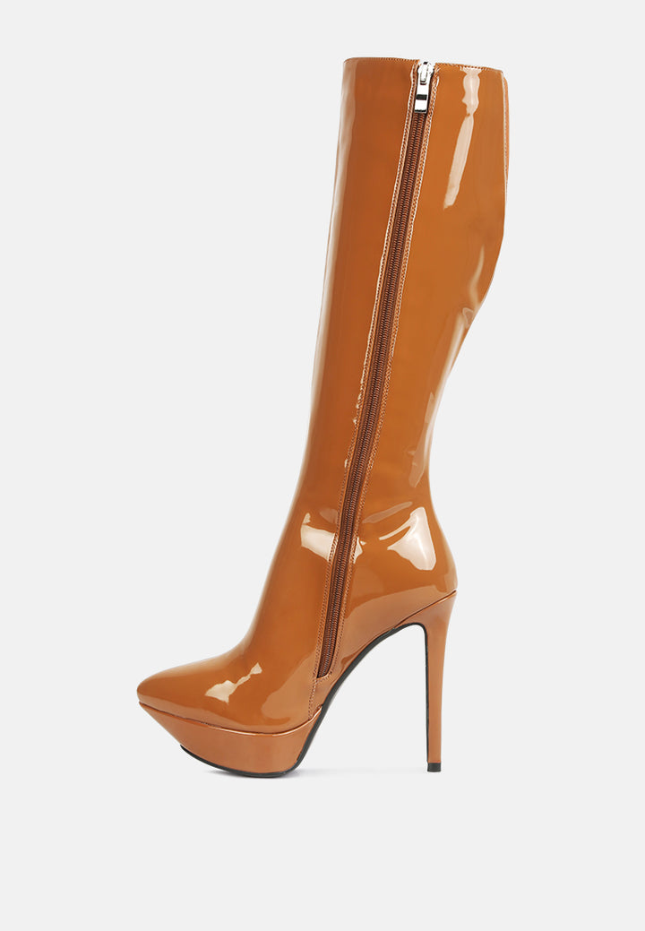 chatton patent stiletto high heeled calf boots#color_tan